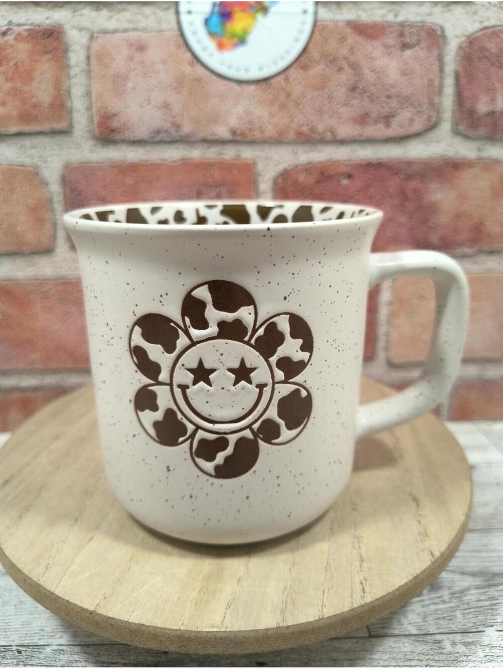 Market Finds Speckled Mug Embossed Flower Smiley & Animal Print Interior NWT